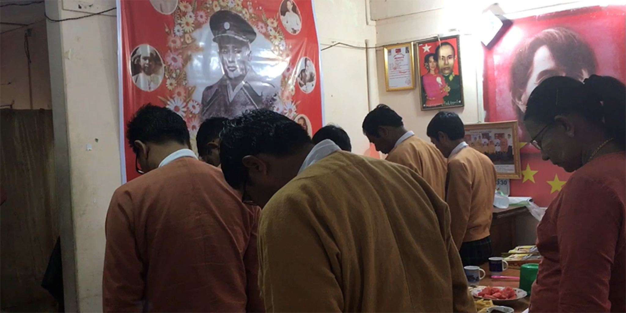 Former political prisoners, activists, and civilian supporters perform the traditional ‘aleipyu’ to honour fallen martyrs of the democracy movement at the NLD’s office in Thingangyun, Yangon.