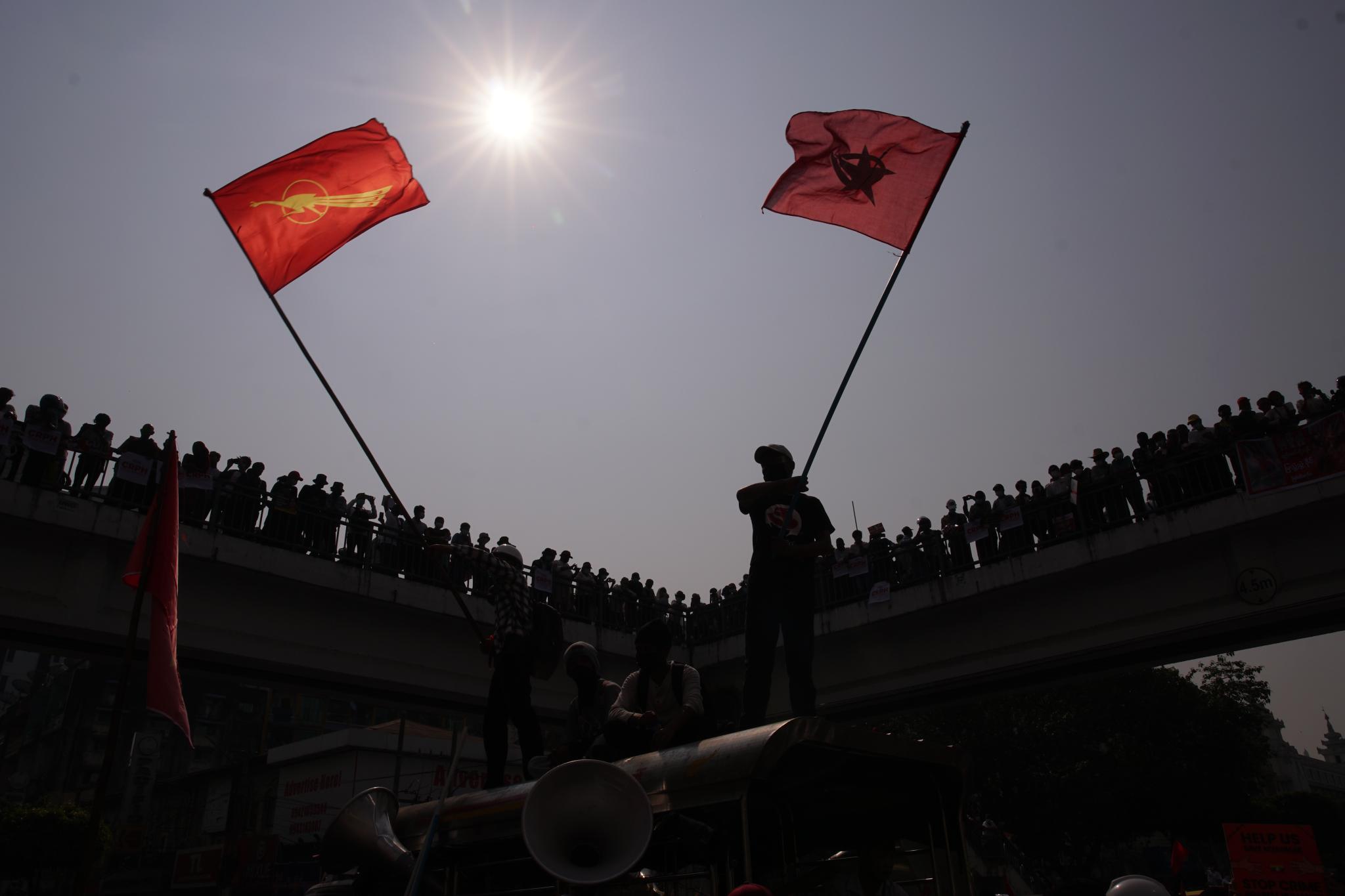 Demonstrators in Yangon opposing the military coup in 2021.