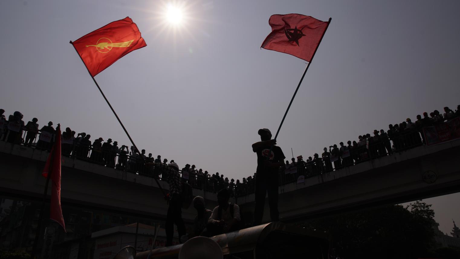 Demonstrators in Yangon opposing the military coup in 2021.