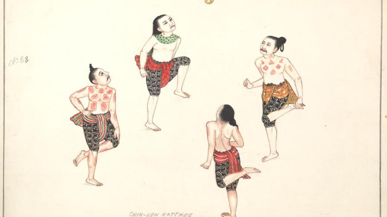 Chin-lon Katthee. Foot-ball - Watercolour painting by an unknown Burmese artist depicting 19th century Burmese life. Text: CHIN-LON KATTHEE Foot-ball. Shelfmark: Ms. Burm. a. 5